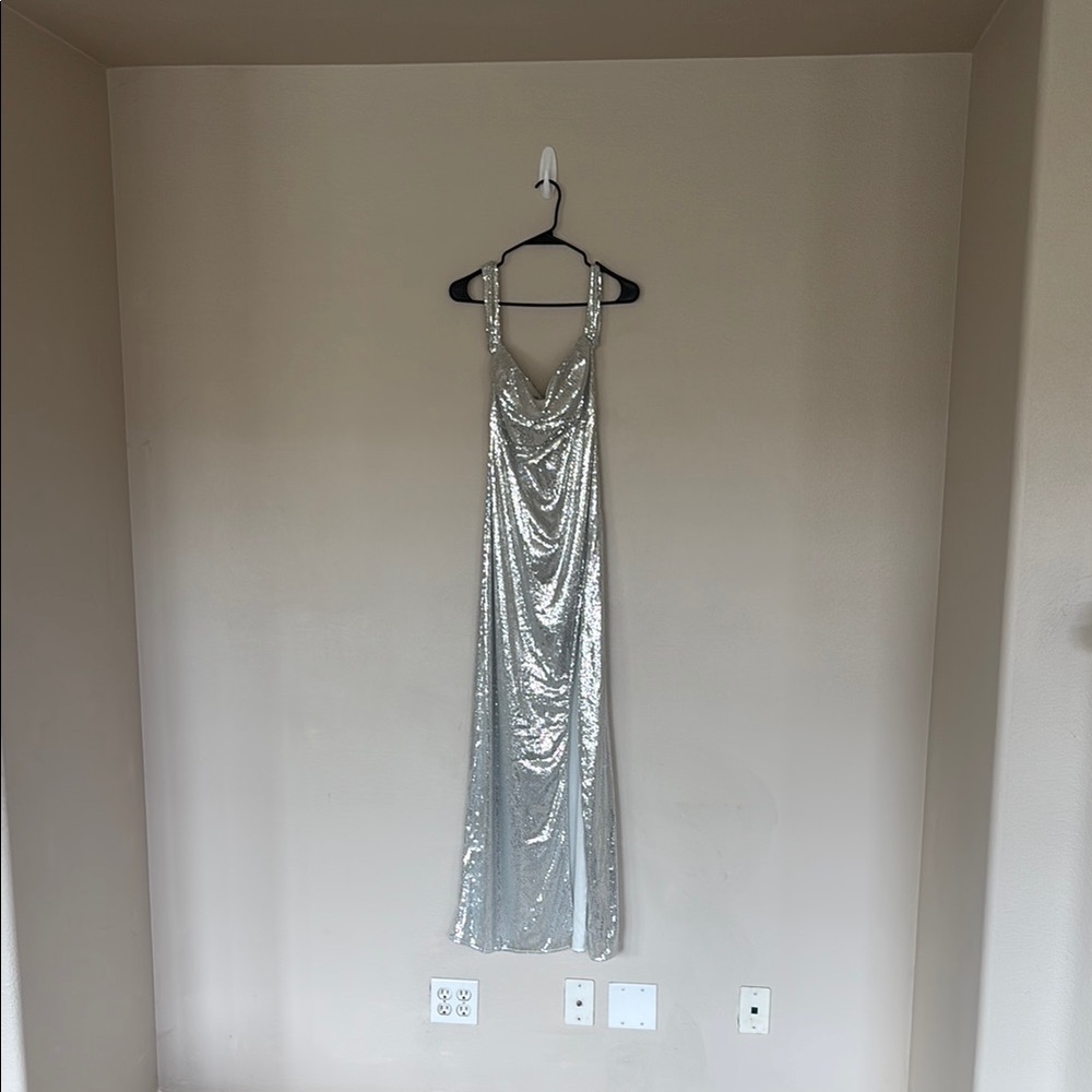 Elegant Silver Sequin Evening Gown